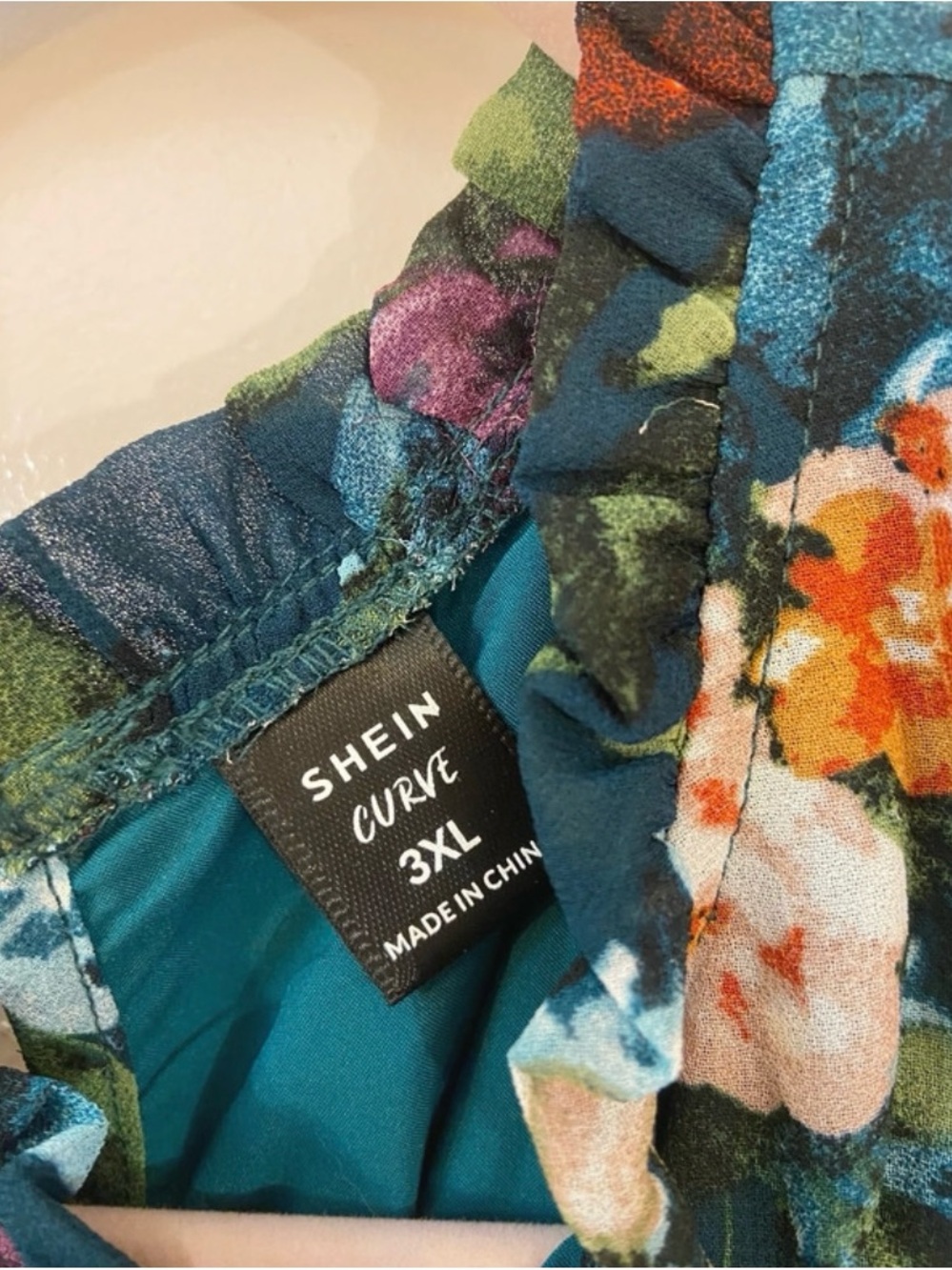 SHEIN Teal Floral Long-Sleeve Ruffled Waist Dress - Picture 4 of 5